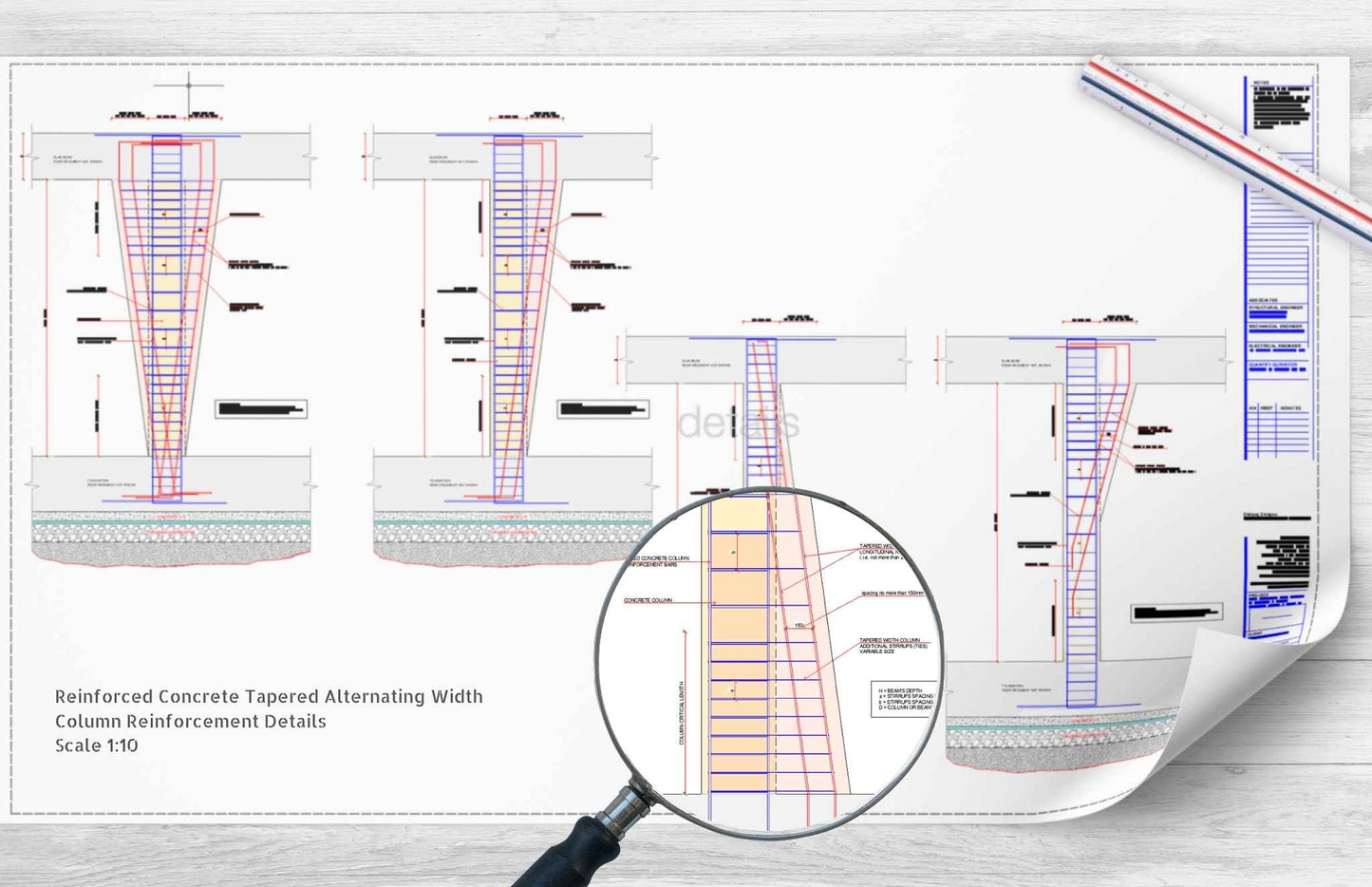 Reinforced Concrete Tapered Alternating Width Variable Size Column Details