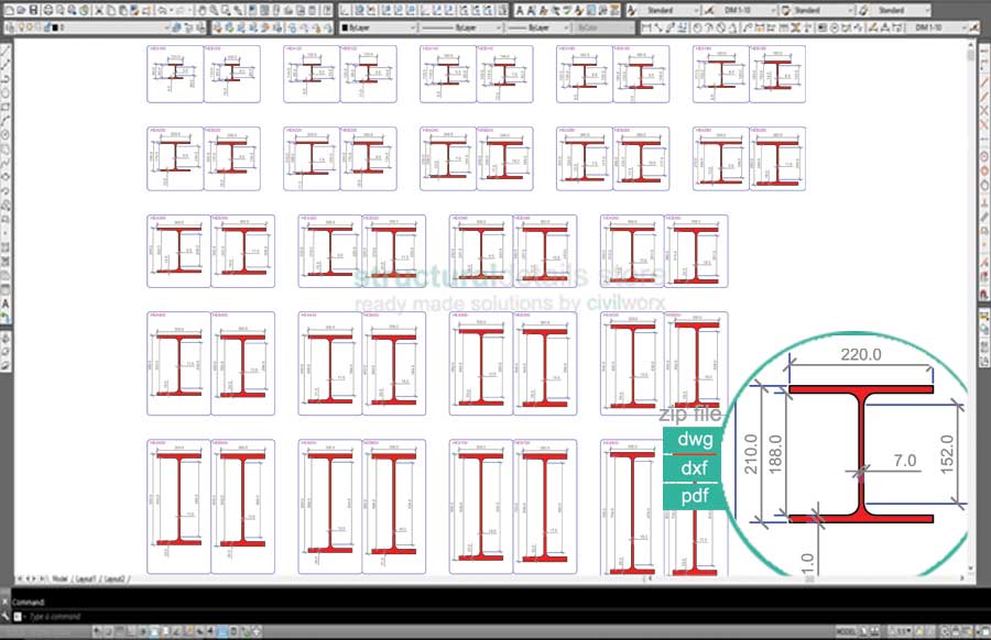European Wide Flange HEA HEB Profile Steel Sections dwg CAD drawings