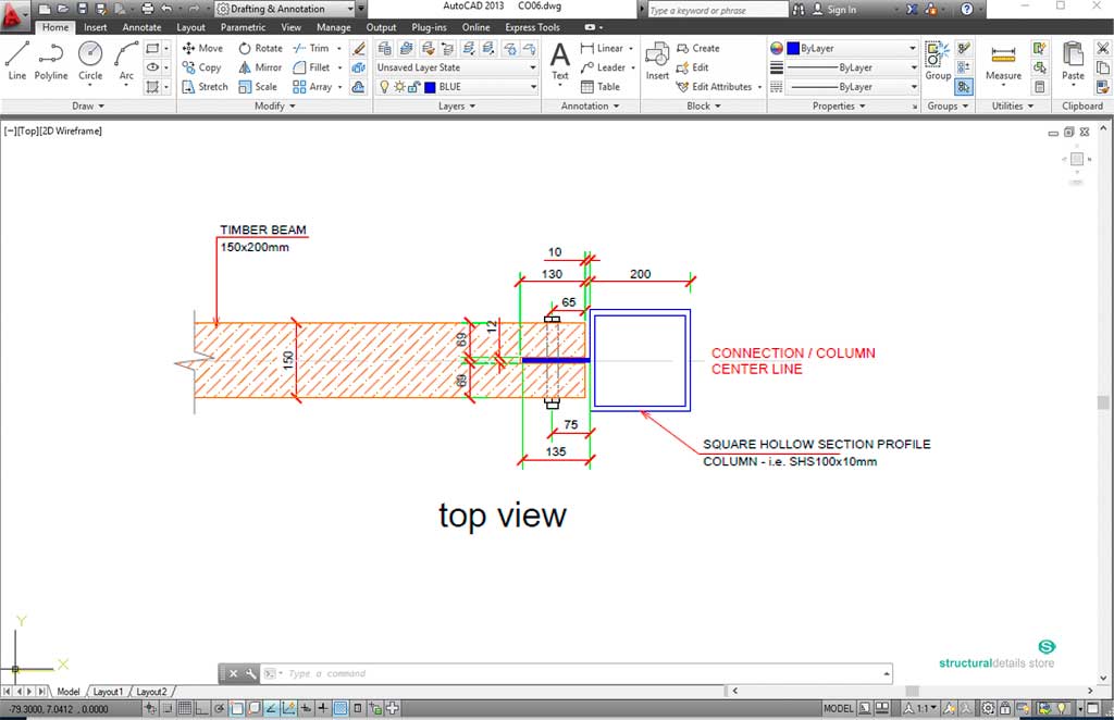Timber Beam to SHS Steel Column Simple Connection