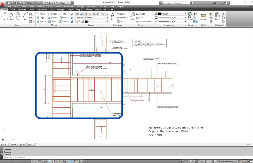 Reinforced Concrete Beam Column End Support CAD Detail - structuraldetails