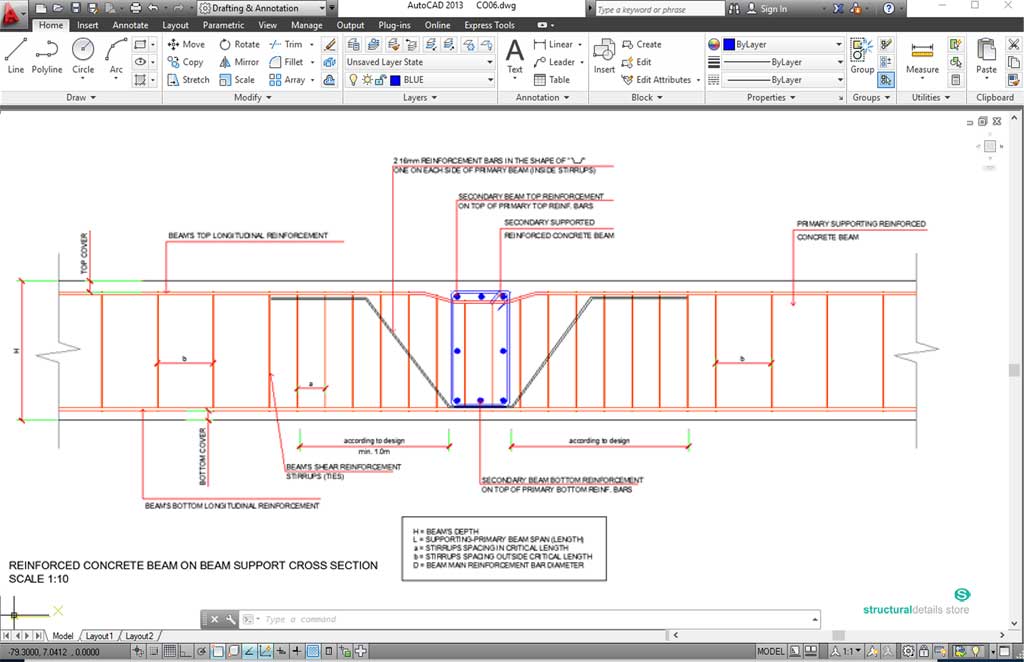 Secondary Concrete Beam Supported on Primary Beam Cross Section Detail