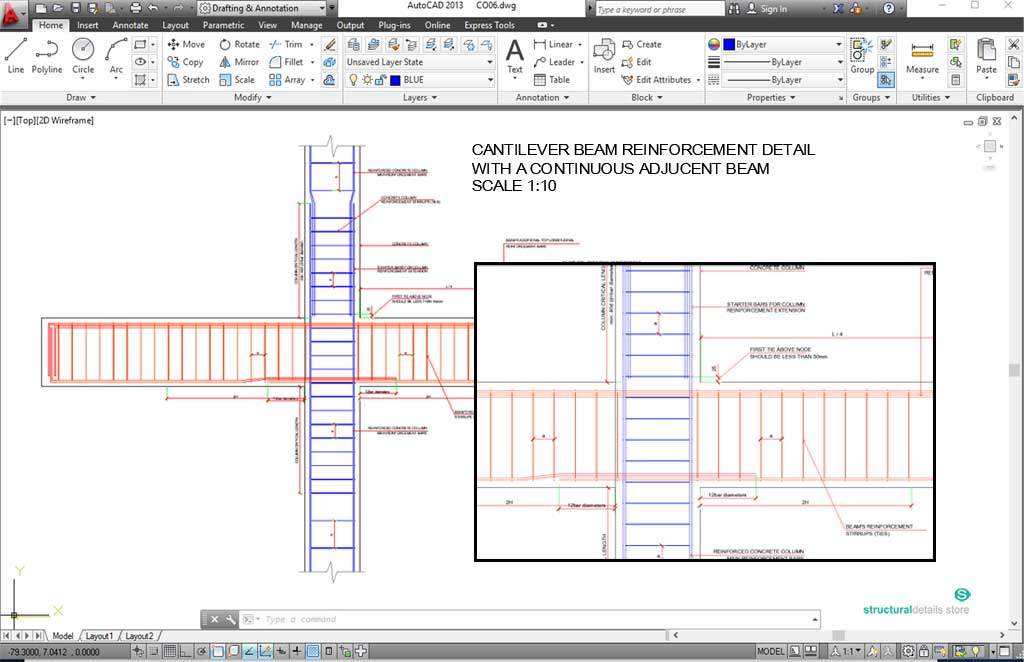 Cantilever Concrete Beam Reinforcement Detail with adjucent continuous beam