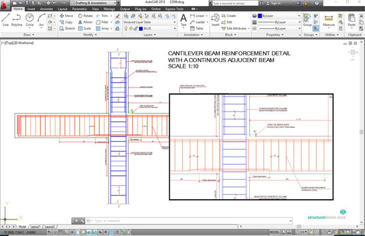 Cantilever Concrete Beam Reinforcement Detail with adjucent continuous beam