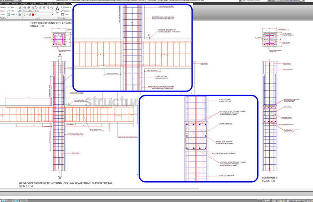 Reinforced Concrete Beam Connection to Composite Column Detail