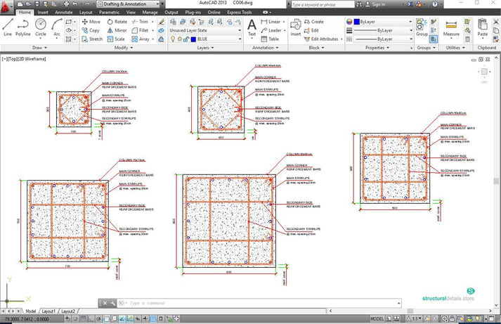Square Reinforced Concrete Column CAD Details - structuraldetails