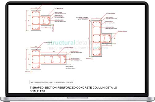 T Shaped Reinforced Concrete Column CAD Details - structuraldetails