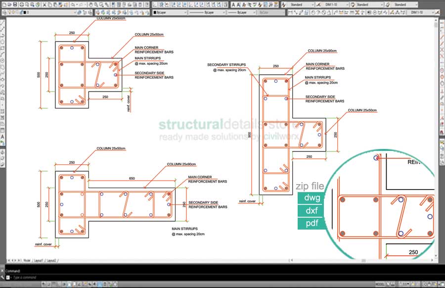 T Shaped Reinforced Concrete Column CAD Details - structuraldetails