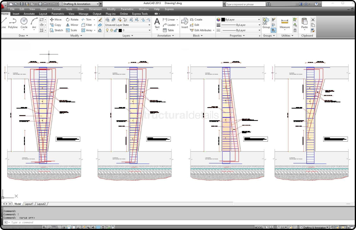 Reinforced Concrete Tapered Alternating Width Variable Size Column CAD ...