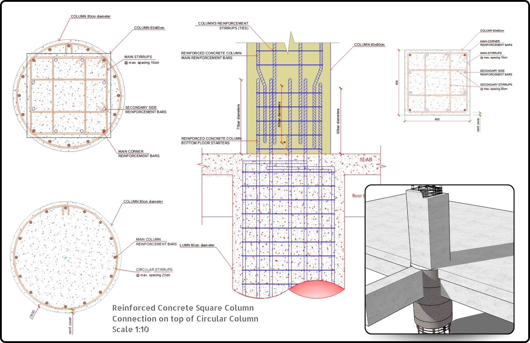 Circular to Square Section Column Connection CAD Detail - structuraldetails