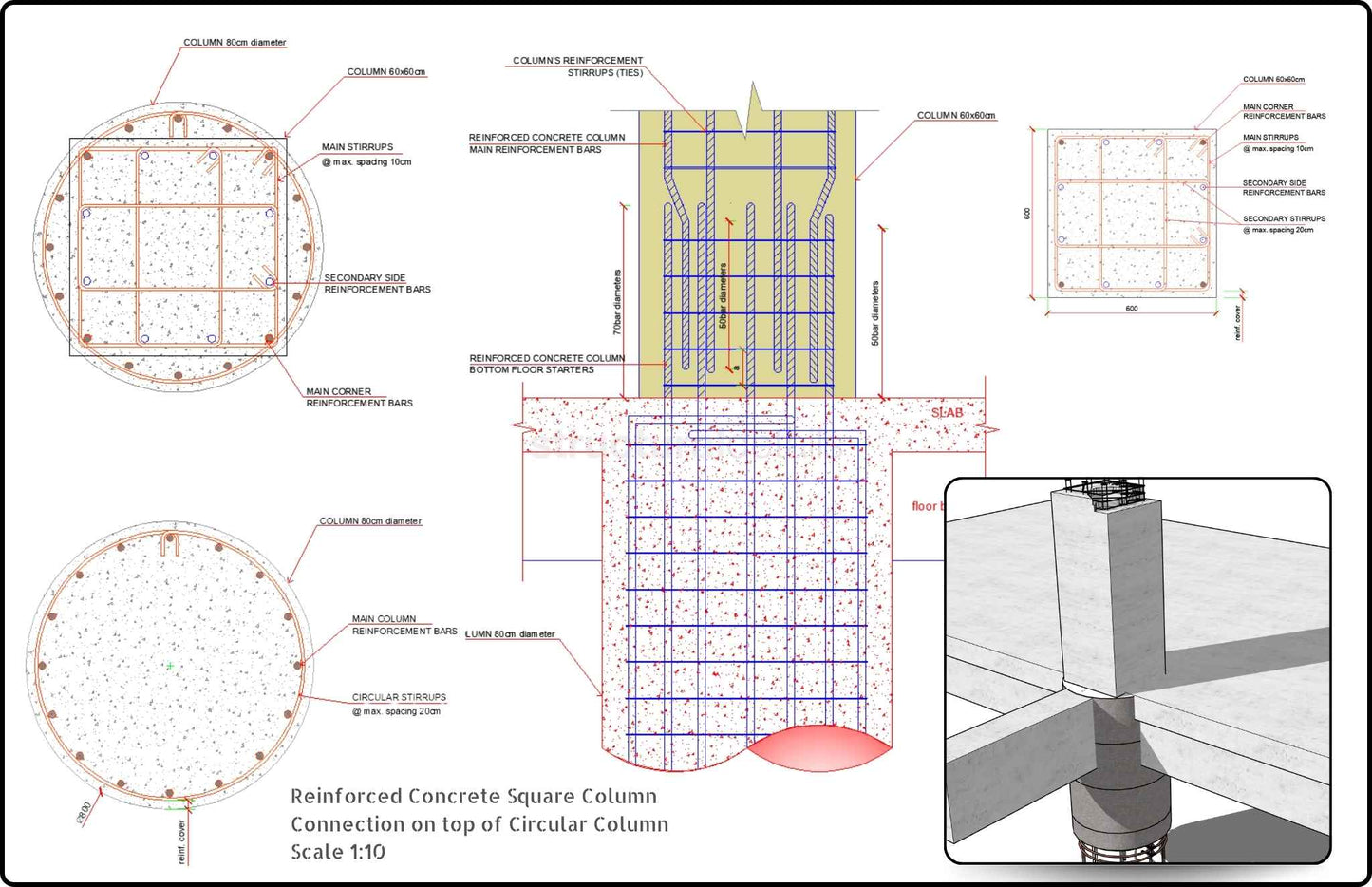 Circular to Square Section Column Connection Detail