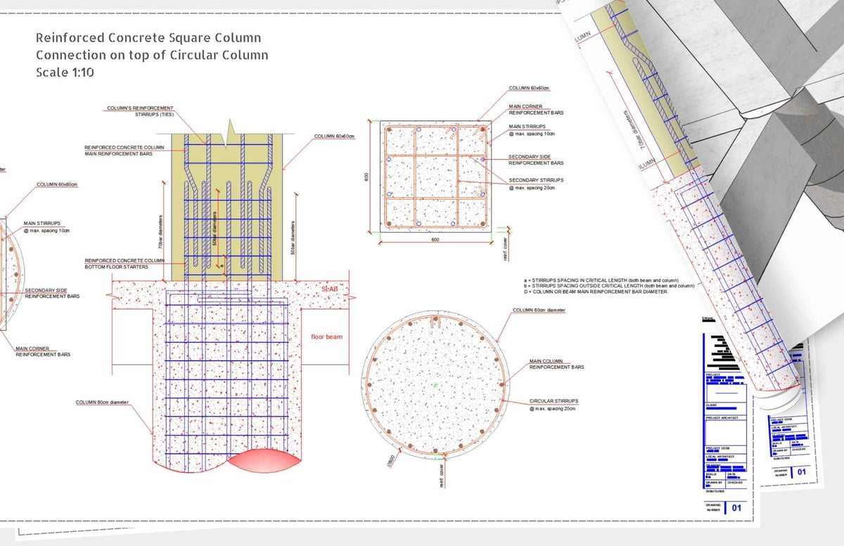 Encasing A Square Column In Circular to Square Section Column Connection CAD Detail - structuraldetails