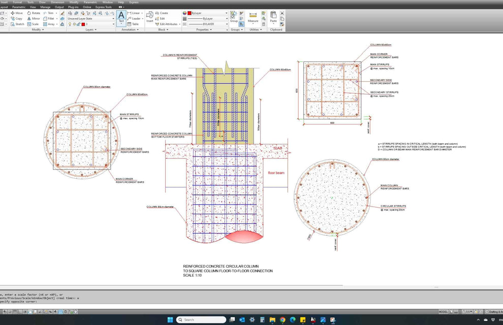 Encasing A Square Column In Circular to Square Section Column Connection CAD Detail - structuraldetails