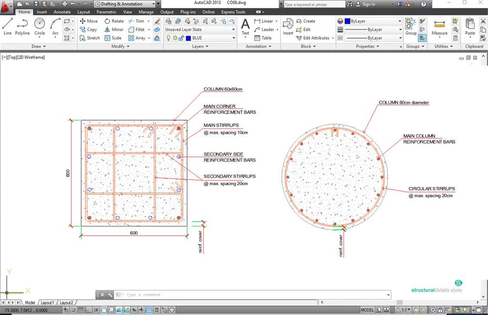 Square to Circular Section Column Connection CAD Detail - structuraldetails
