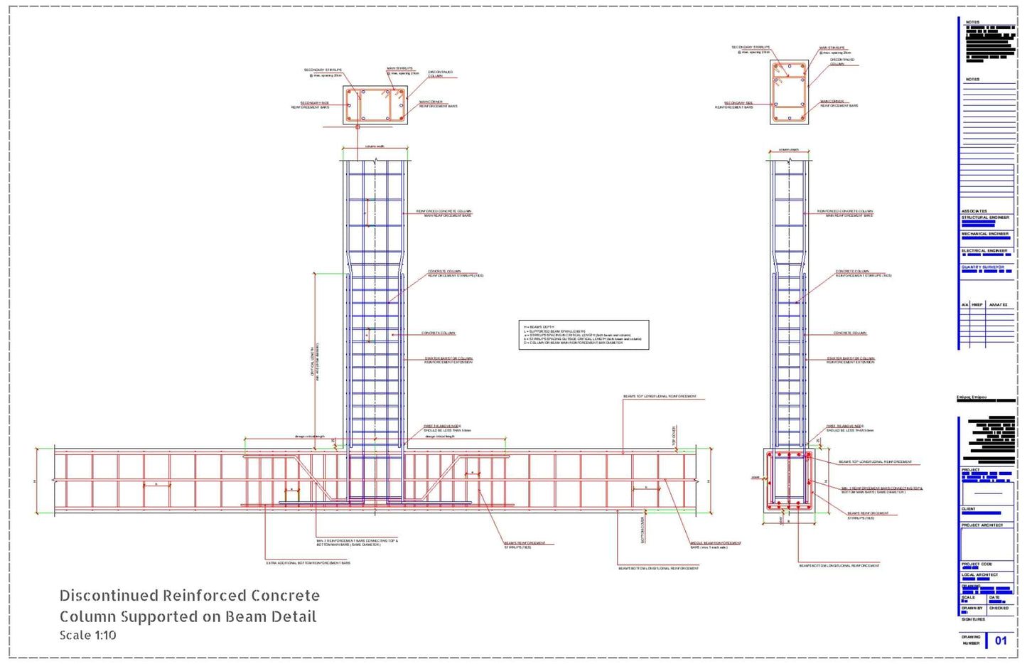 Discontinued Concrete Column Supported on Beam Detail