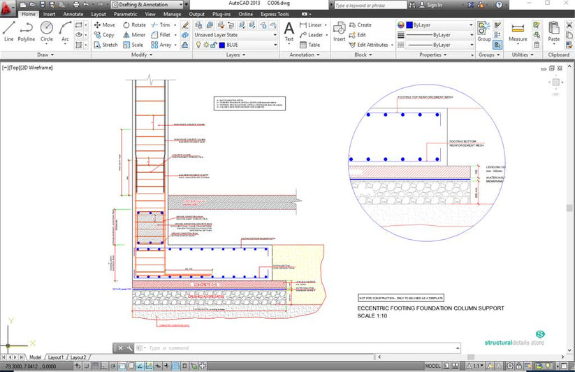 Eccentric Footing Foundation Column Support CAD drawing - structuraldetails