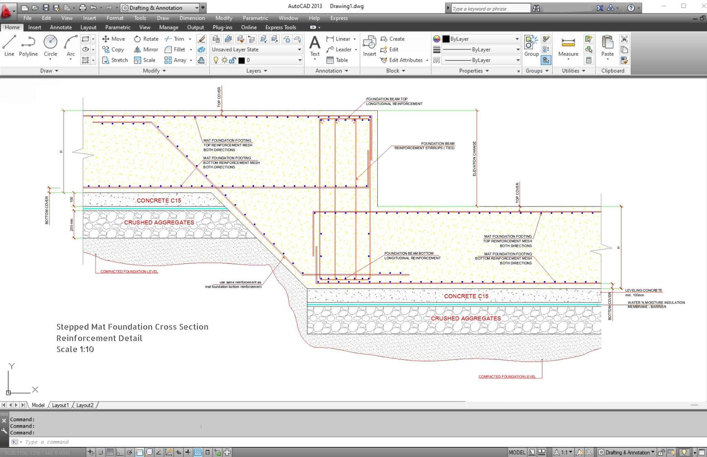 Stepped Reinforced Concrete Mat Spread Foundation Detail