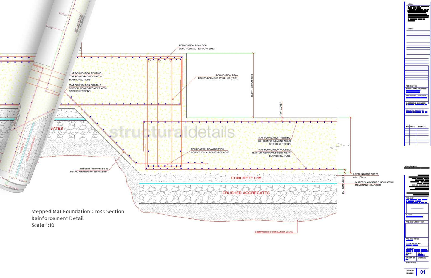 Stepped Reinforced Concrete Mat Spread Foundation Detail