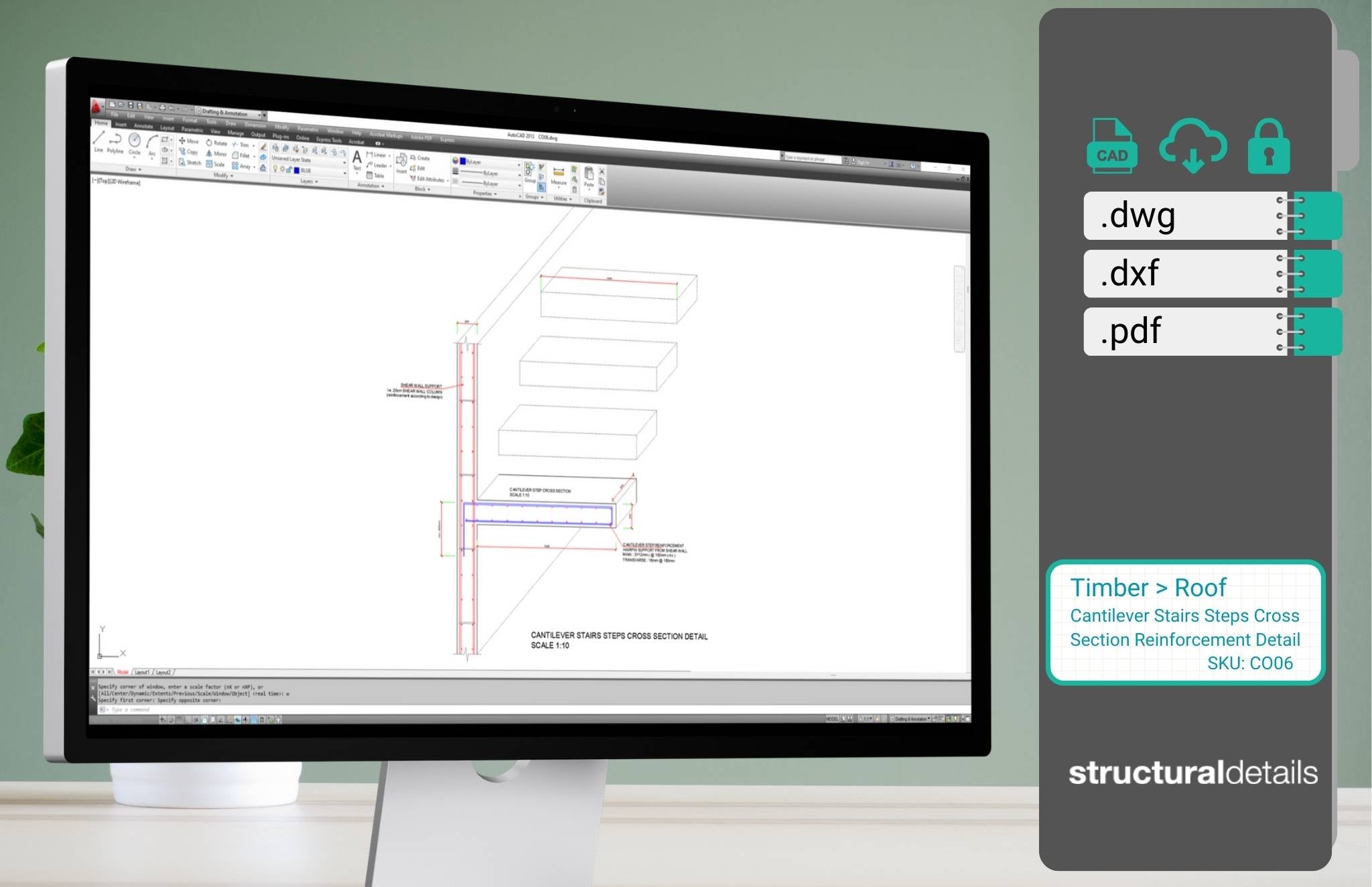 Cantilever Stairs Steps Cross Section Reinforcement CAD Detail ...