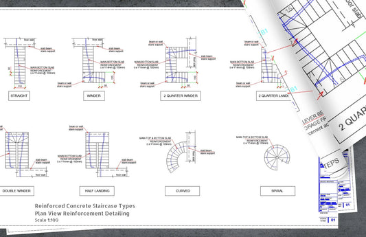 All types of reinforced concrete stairs reinforcement plan views