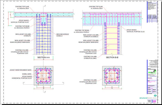 Column Jacketing Anchorage to Top Beam Slab Detail