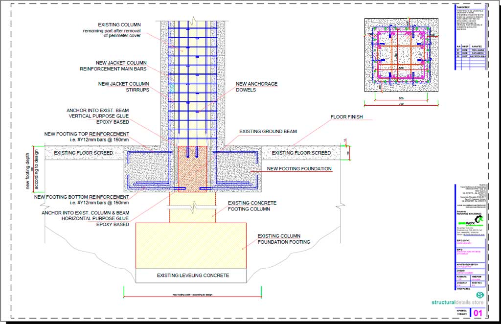 Concrete Column Jacketing Footing Foundation Support Detail