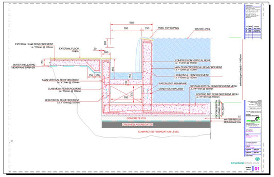 Infinity Type Swimming Pool Retaining Wall with Catch Pool Detail