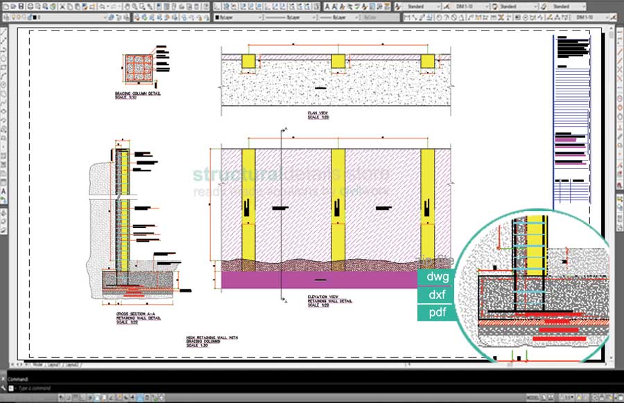 High Retaining Wall with Bracing Columns Detail Drawing