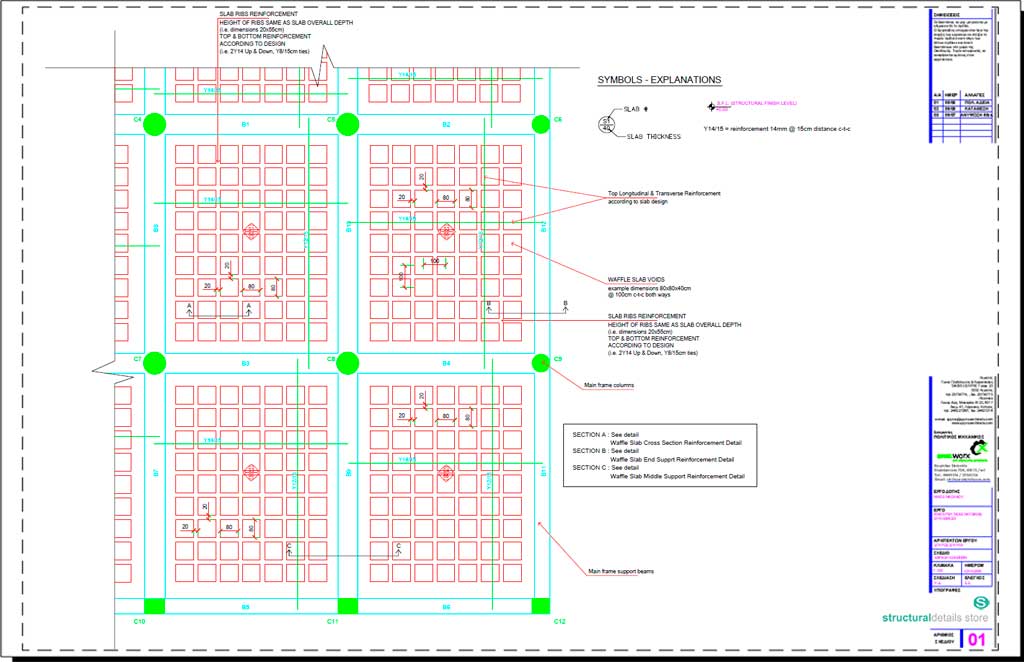 Triangular Waffle Slab Waffle Slab Plan View Reinforcement CAD drawing - structuraldetails