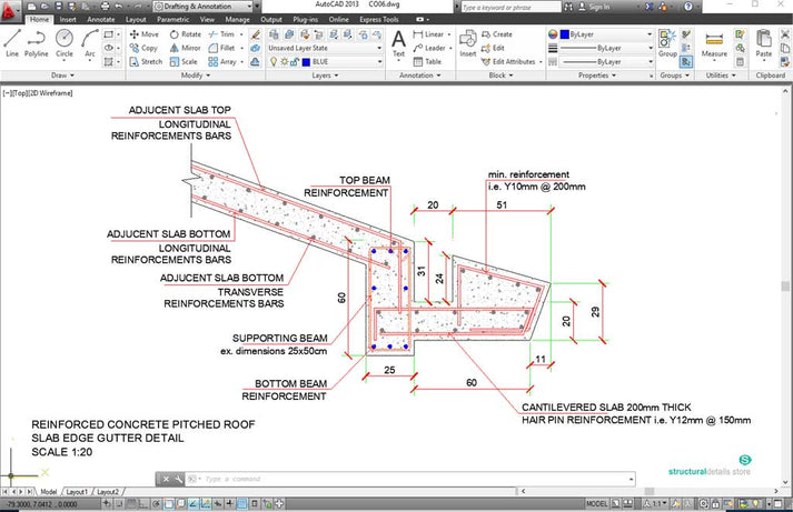 Concrete Pitched Roof Slab Edge Gutter CAD Detail - structuraldetails