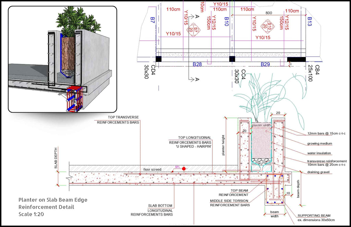 Cladding Railing Plant Planter on slab beam edge reinforcement CAD drawing detail ...