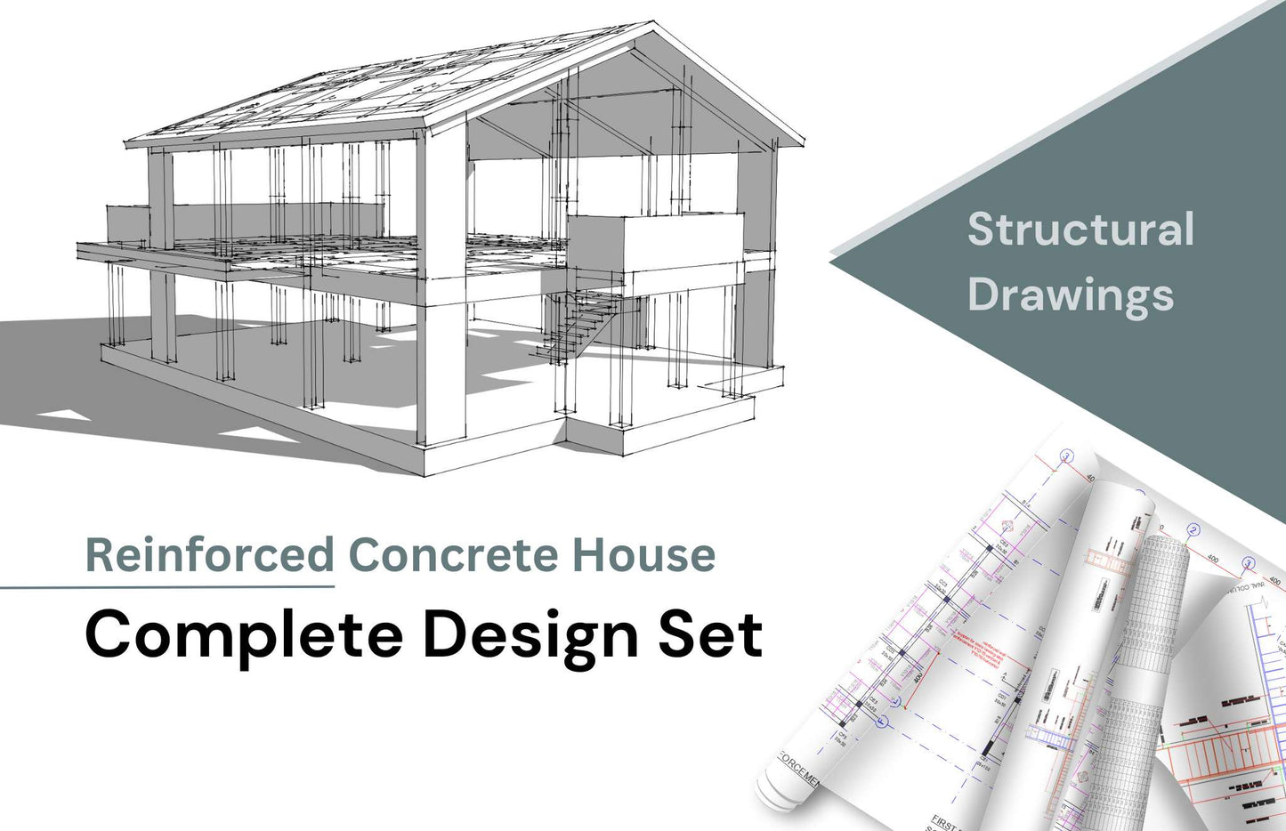 Complete structural design drawings for a reinforced concrete house