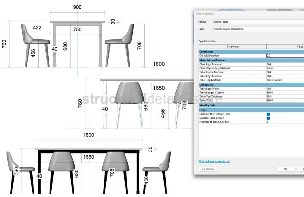 Parametric Revit Multiuse Table and Chair Configuration Setups Family