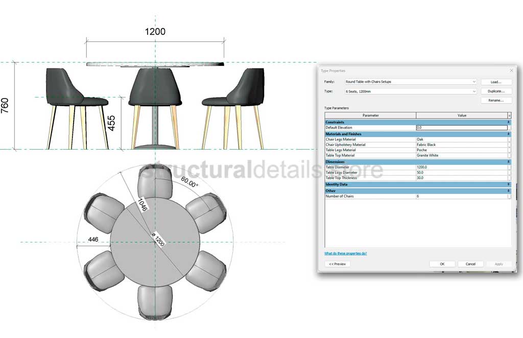 Parametric Revit Round Table and Chair Configuration Setups Family