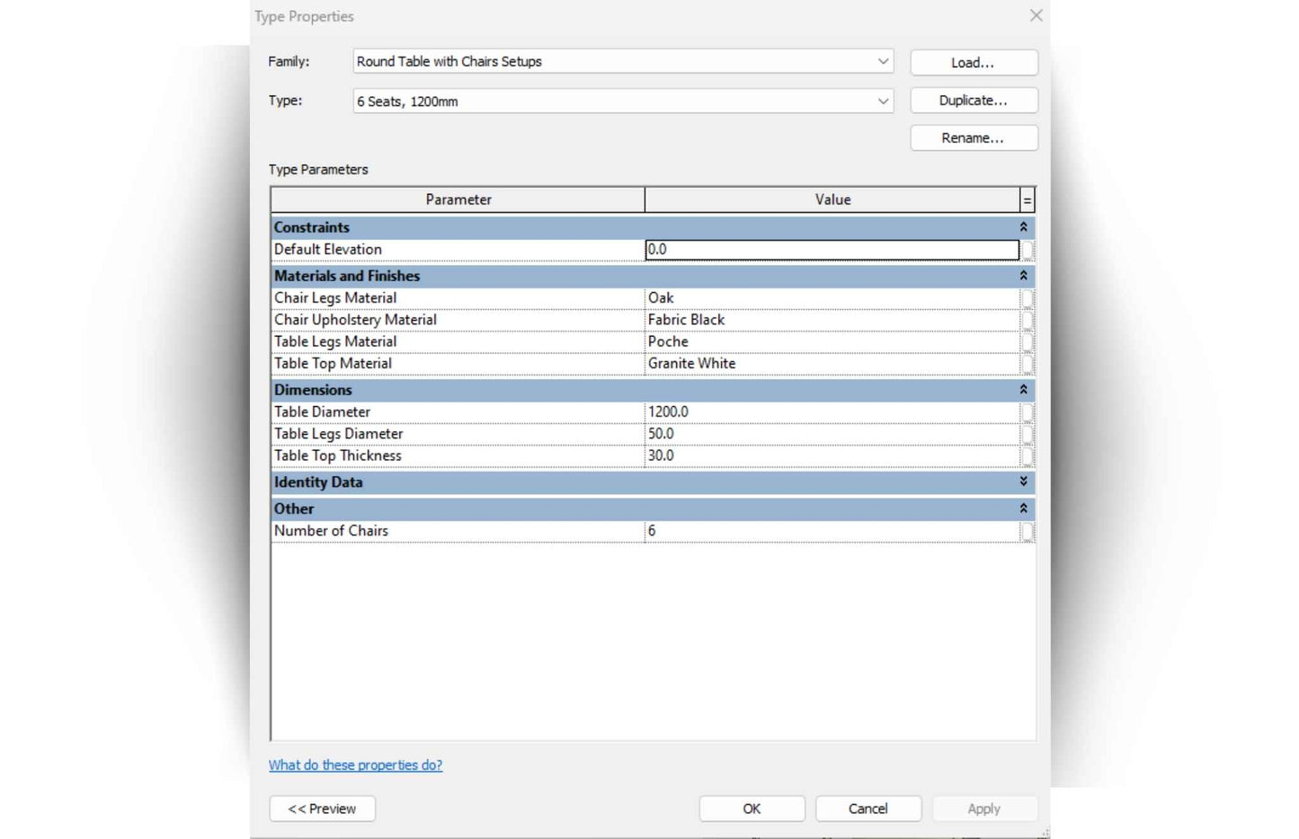 Parametric Revit Round Table and Chair Configuration Setups Family