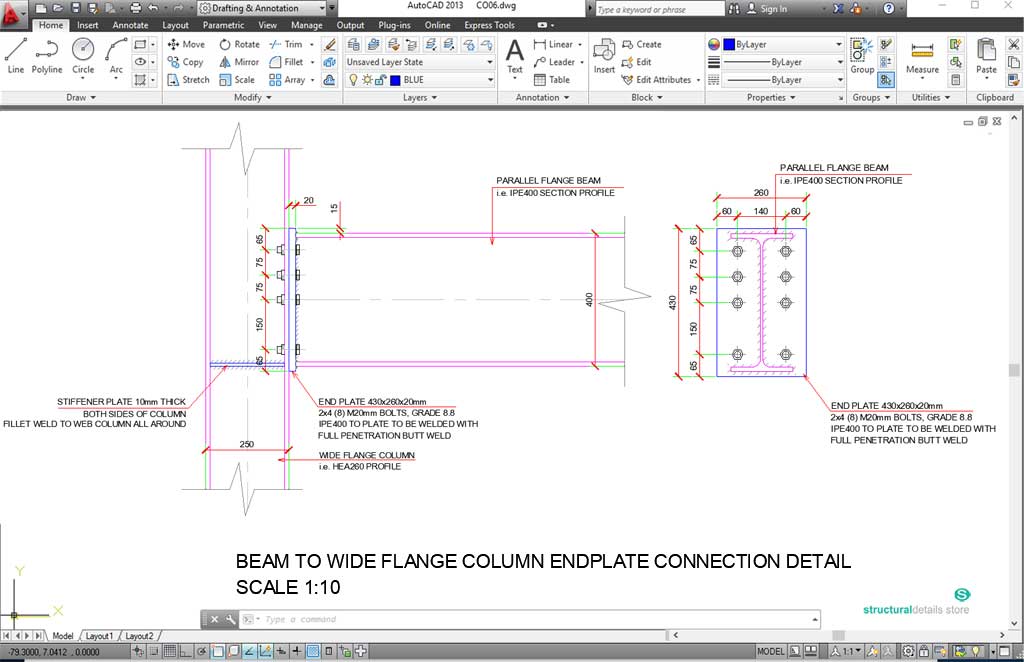 Beam to Wide Flange Column Endplate Connection Detail