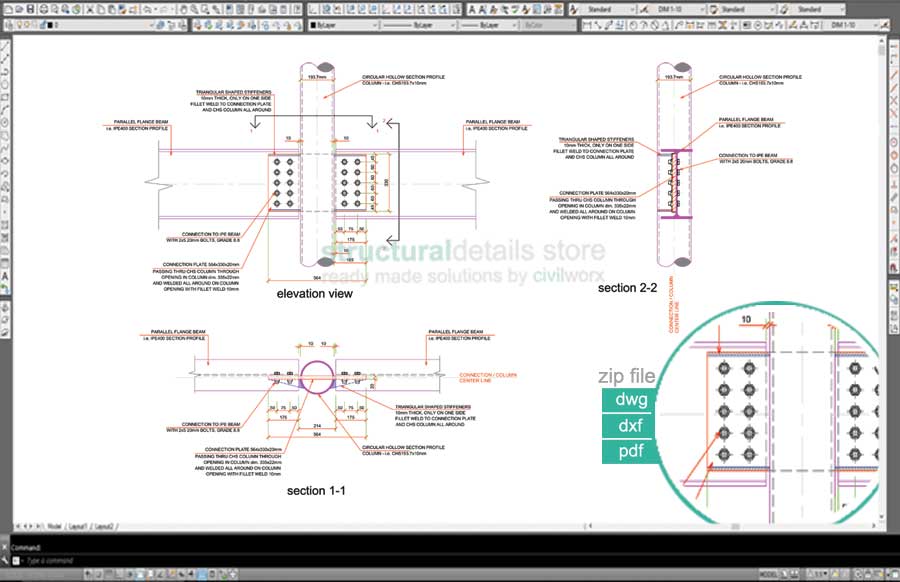 Beam to Circular CHS Simple Connection CAD Detail - structuraldetails