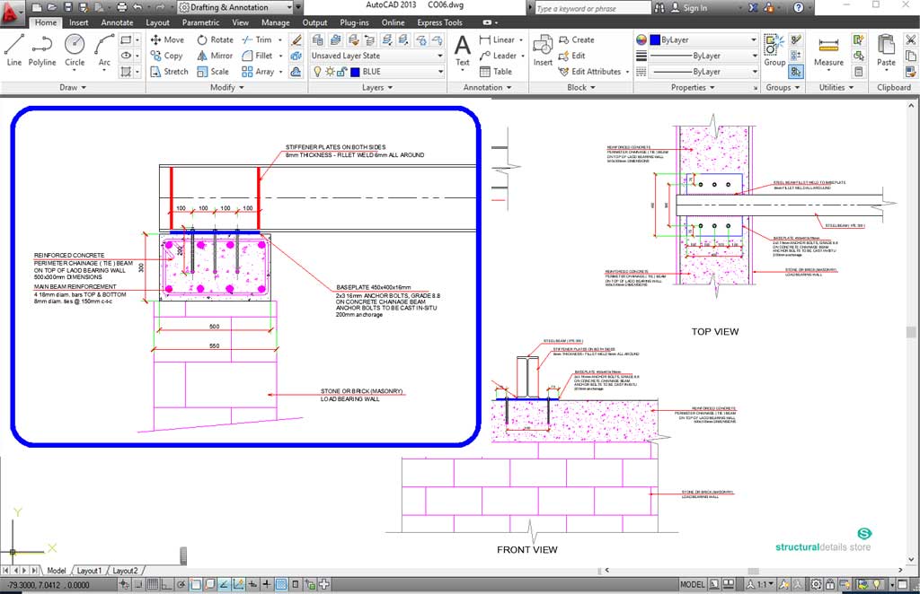 Steel Beam Connection Detail on top of Masonry Stone or Brick Load Bearing Wall