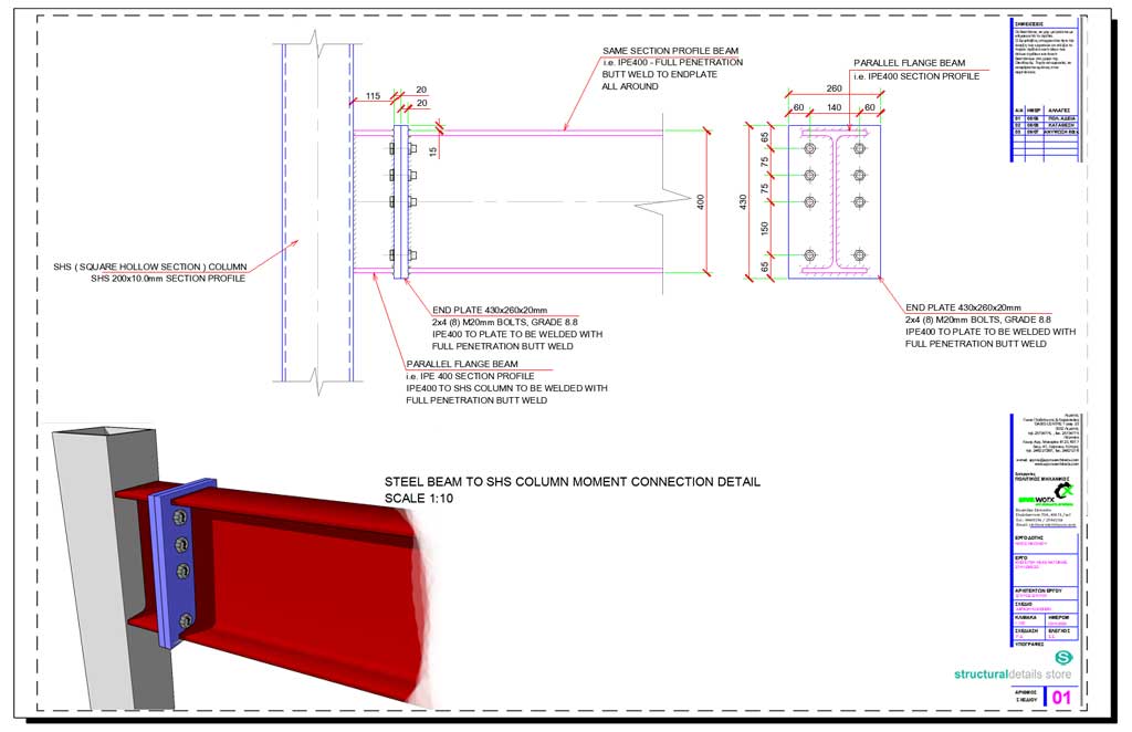 Steel Beam SHS Column Moment Connection CAD Detail - structuraldetails
