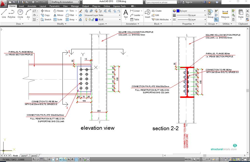 Steel Beam SHS Column Simple Fin Connection CAD Detail - structuraldetails