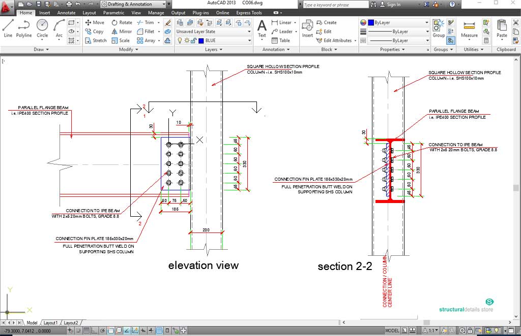 Steel Beam SHS Column Simple Fin Connection Detail