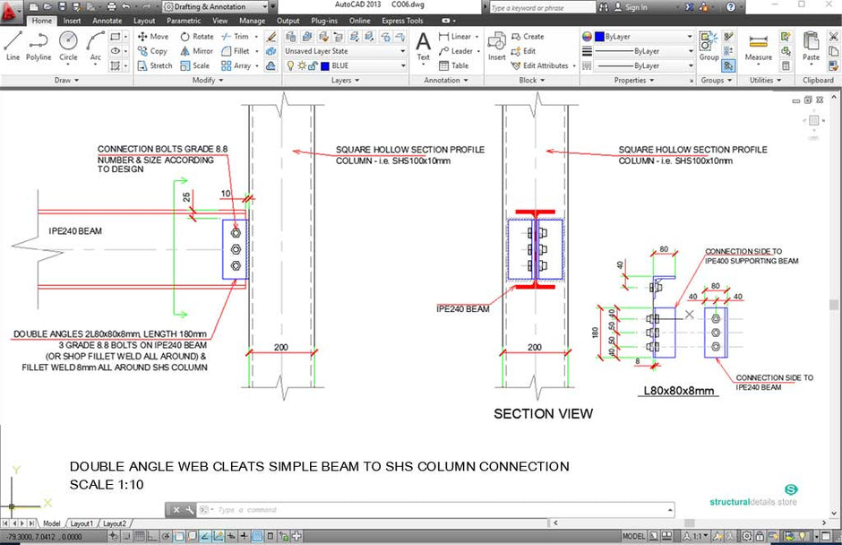 Web Cleat Connection Steel Beams CAD Detailed Drawings - structuraldetails