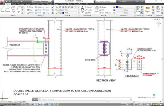 Double Angle Web Cleats Simple Beam to SHS Column Connection Detail