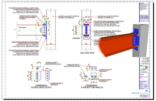 Steel Beam Angles Moment Connection to SHS Column Detail