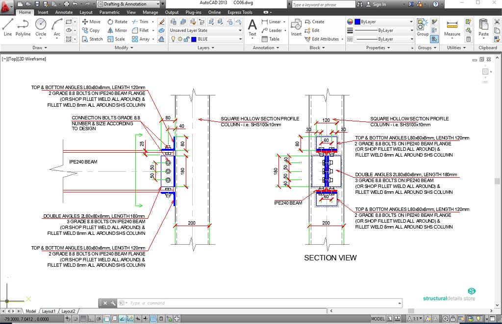 Steel Beam Angles Moment Connection to SHS Column Detail