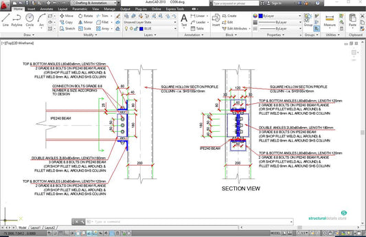 Steel Beam Angles Moment Connection to SHS Column Detail