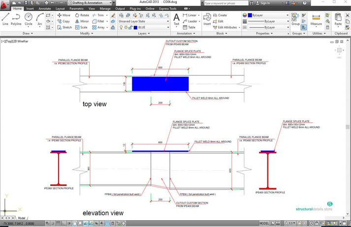 Steel Beam Reduced Size Welded Splice Connection CAD Detail ...