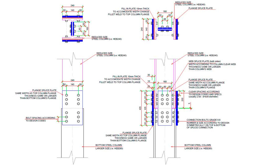 Wedged Tabled Splice Joint Reduced Size Steel Column Bolted Splice Connection CAD Detail ...