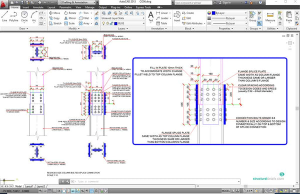 Congested Column Splice Reduced Size Steel Column Bolted Splice Connection CAD Detail ...