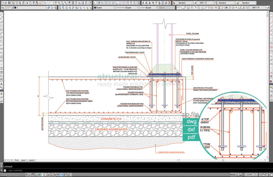 Steel Column Supported on Shallow Mat Spread Foundation CAD Detail ...