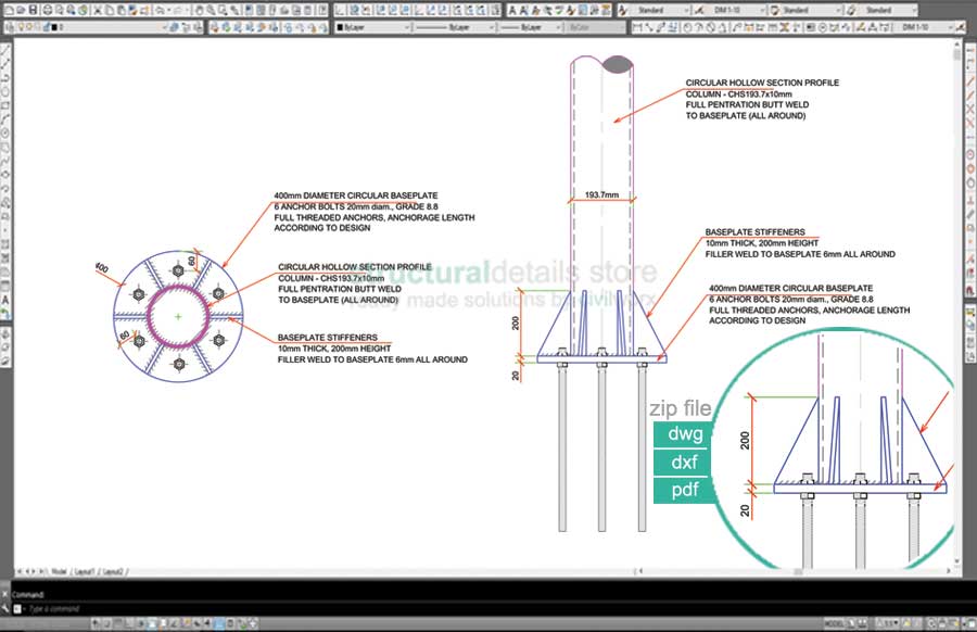 Circular hollow section CHS Column Baseplate CAD Detail - structuraldetails